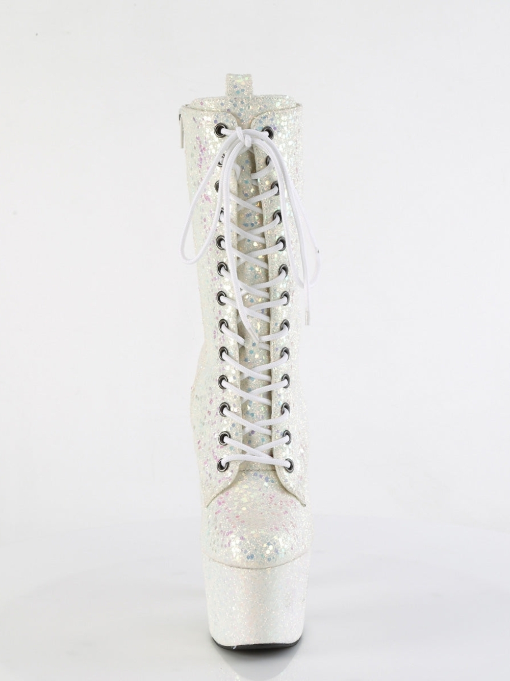 Pleaser White Iridescent Glitter Lace-Up Platform Boots Adore-1040-IG Boots - Picture 2 of 4
